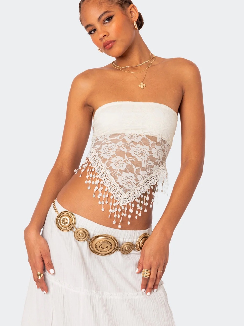 Lace Beaded Handkerchief Bandeau Top - White